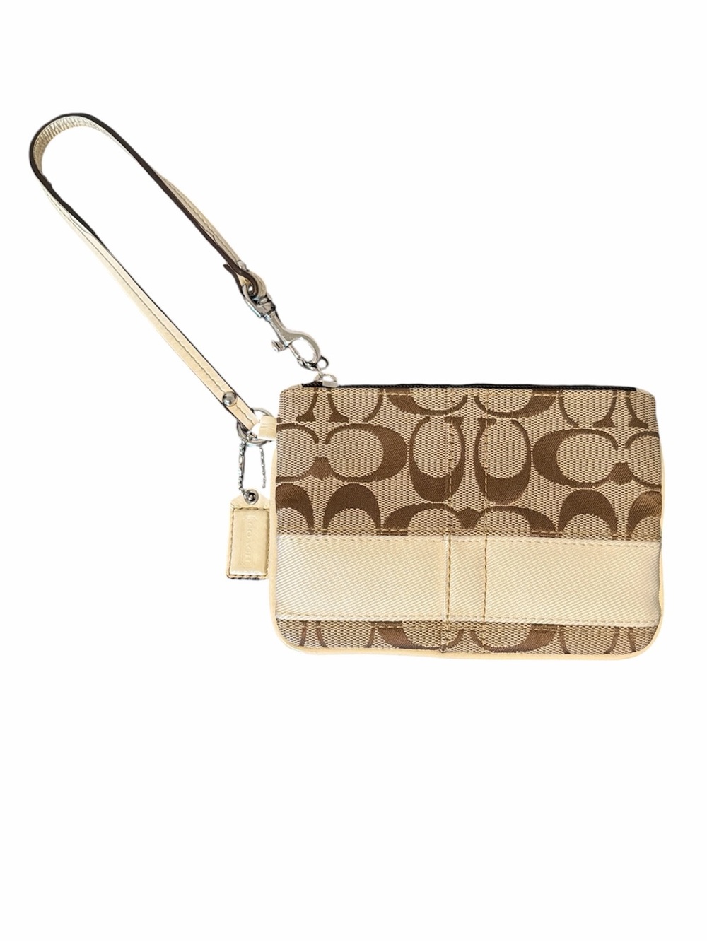 Coach Signature wallet‎ wristlet beige brown cream logo going out designer